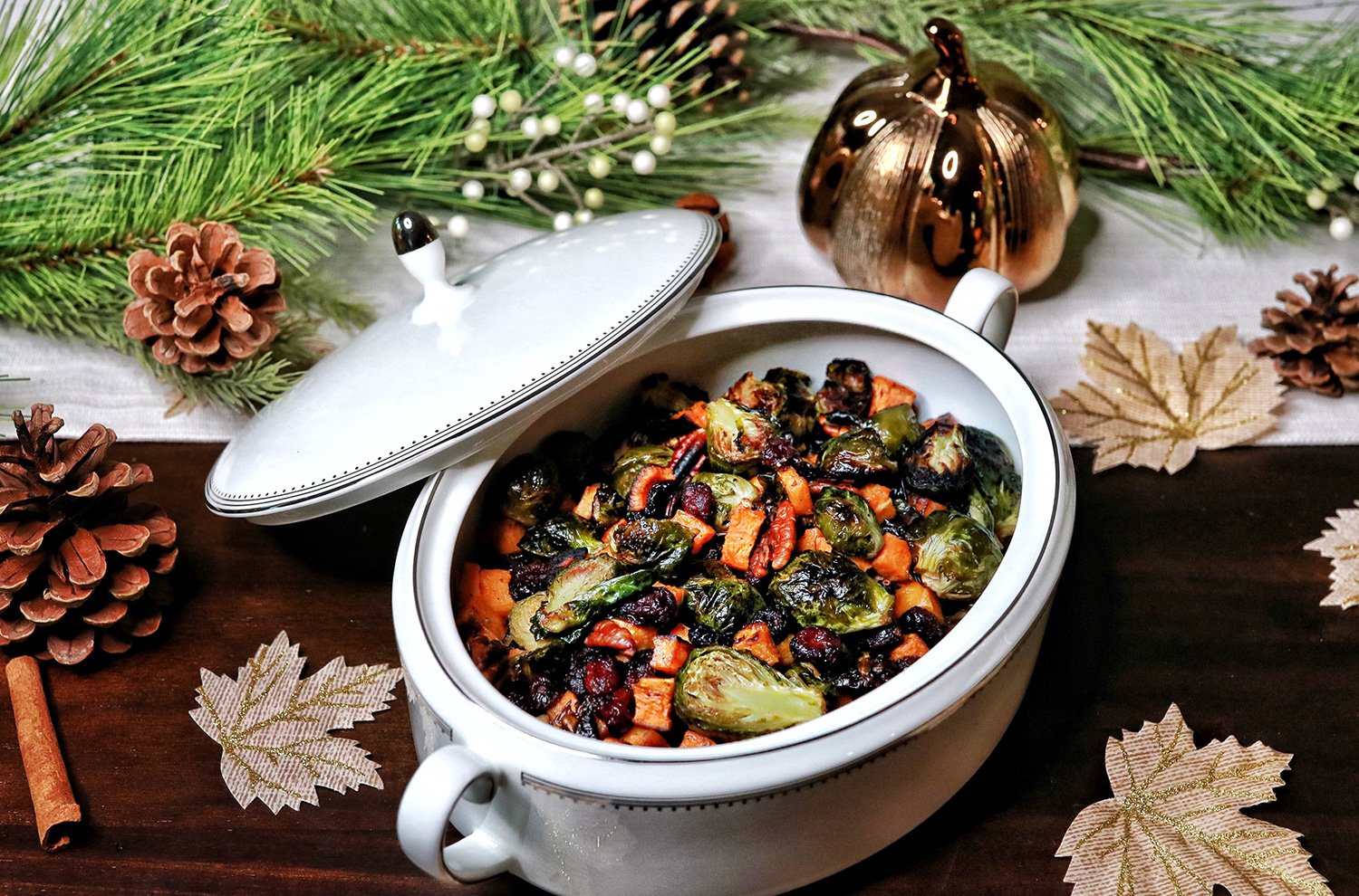 Brussels Sprouts with Sweet Potato, Pecans and Cranberries
