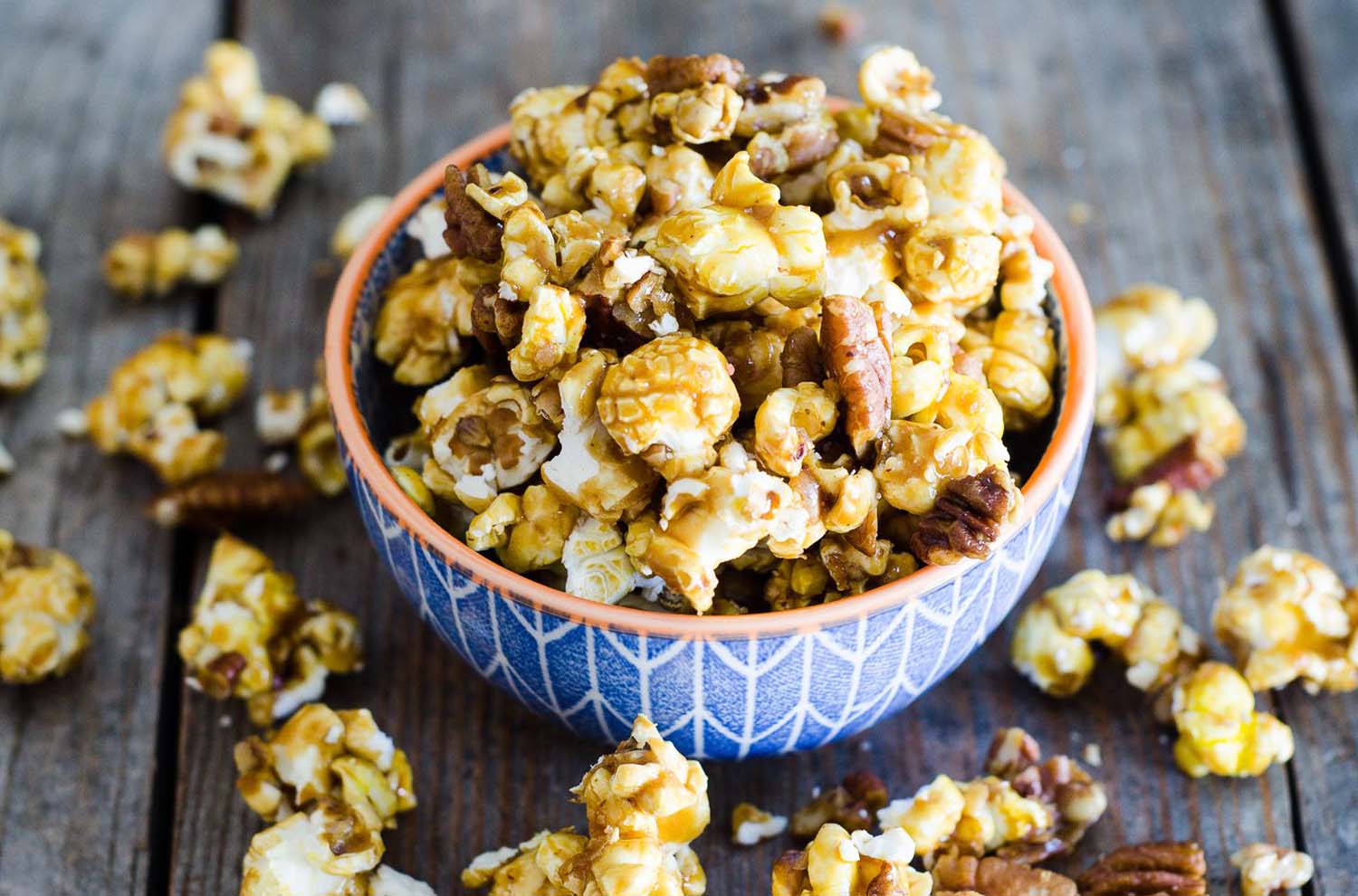 Maple Pecan Popcorn in a blue bowl