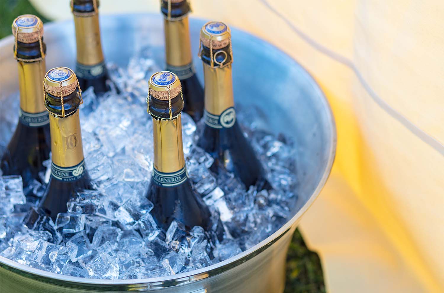 ice bucket full of sparkling wine bottles
