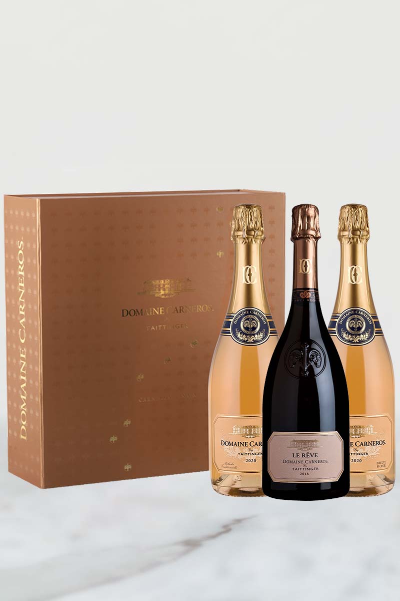 bottle of 2018 Le Reve Rose and two bottles of 2020 Brut Rose with rose gold gift box 