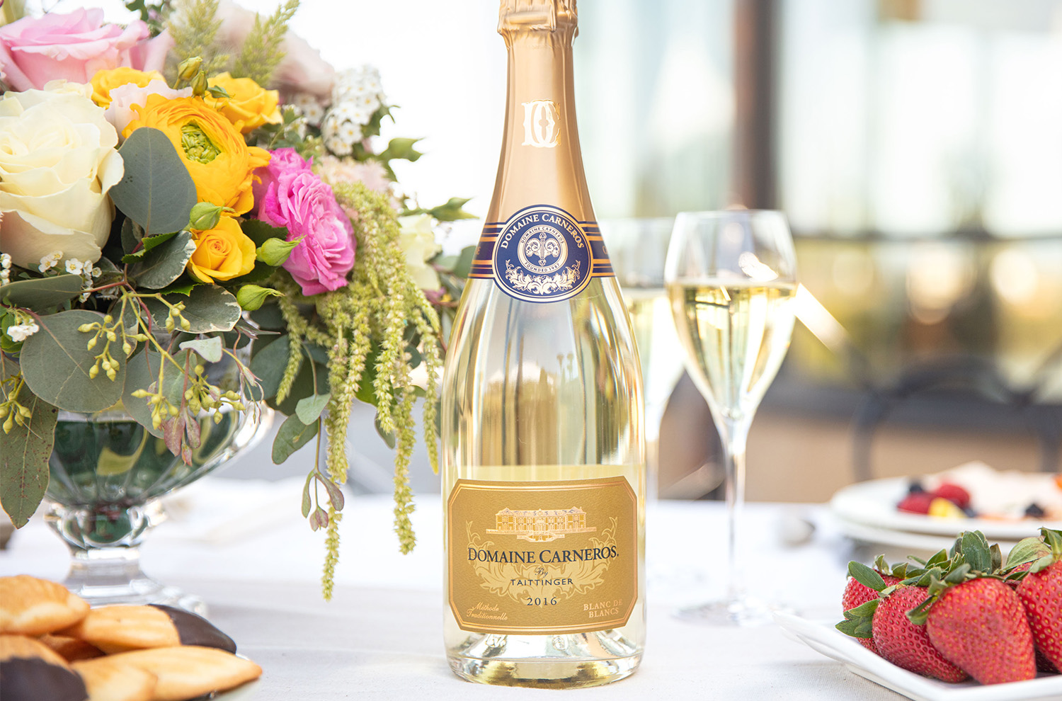 Bottle of Blanc de Blancs with spring florals