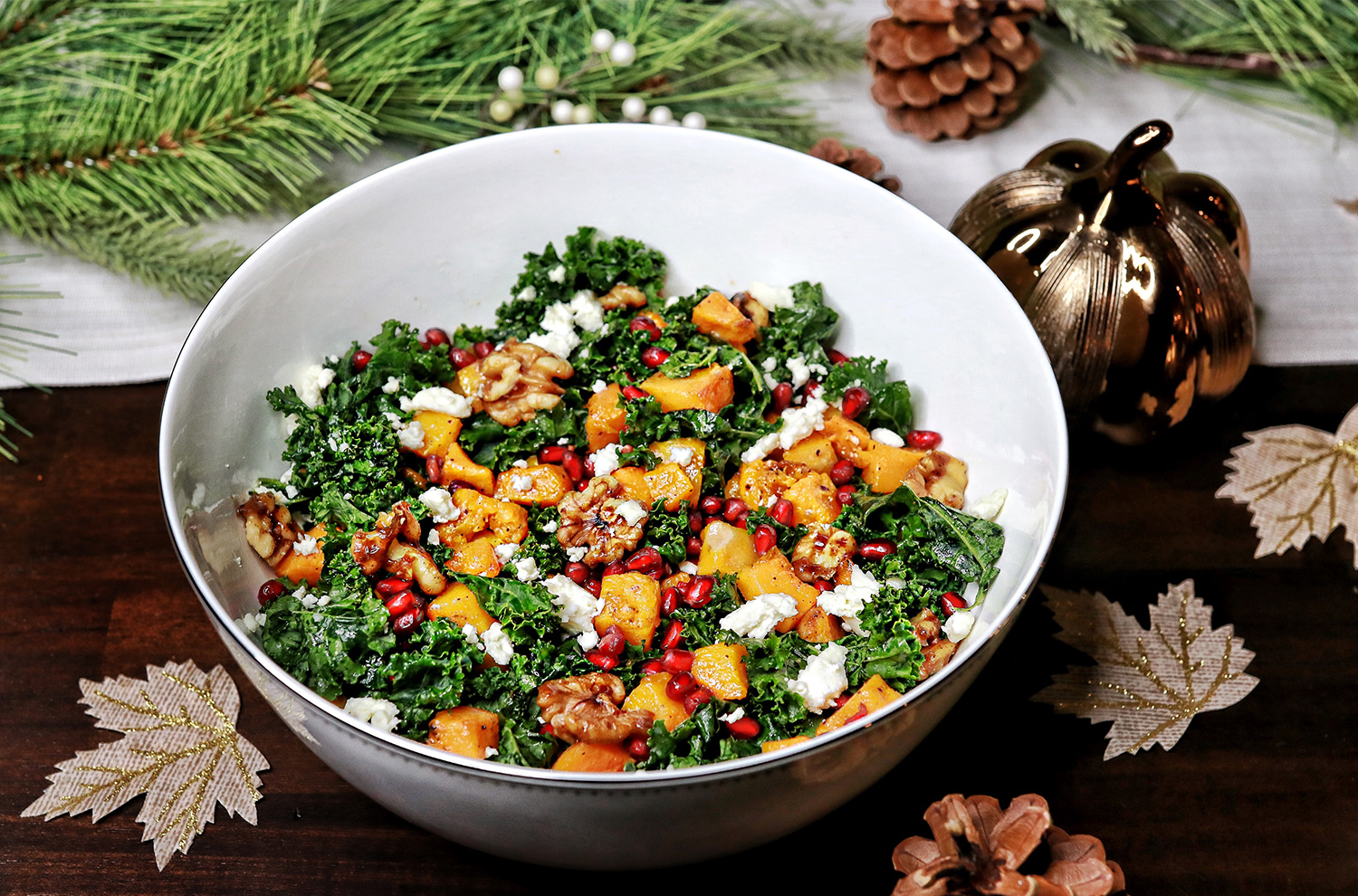 Butternut Squash & Pomegranate Kale Salad with Spiced Honey Walnuts