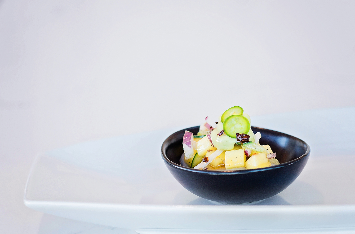 Scallop Ceviche Crudo with Avocado Mousse and Spicy Mango Salsa